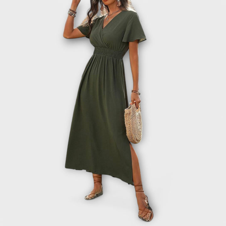 Heather - Elegant Boho Dress with V-Neck and Long Sleeves