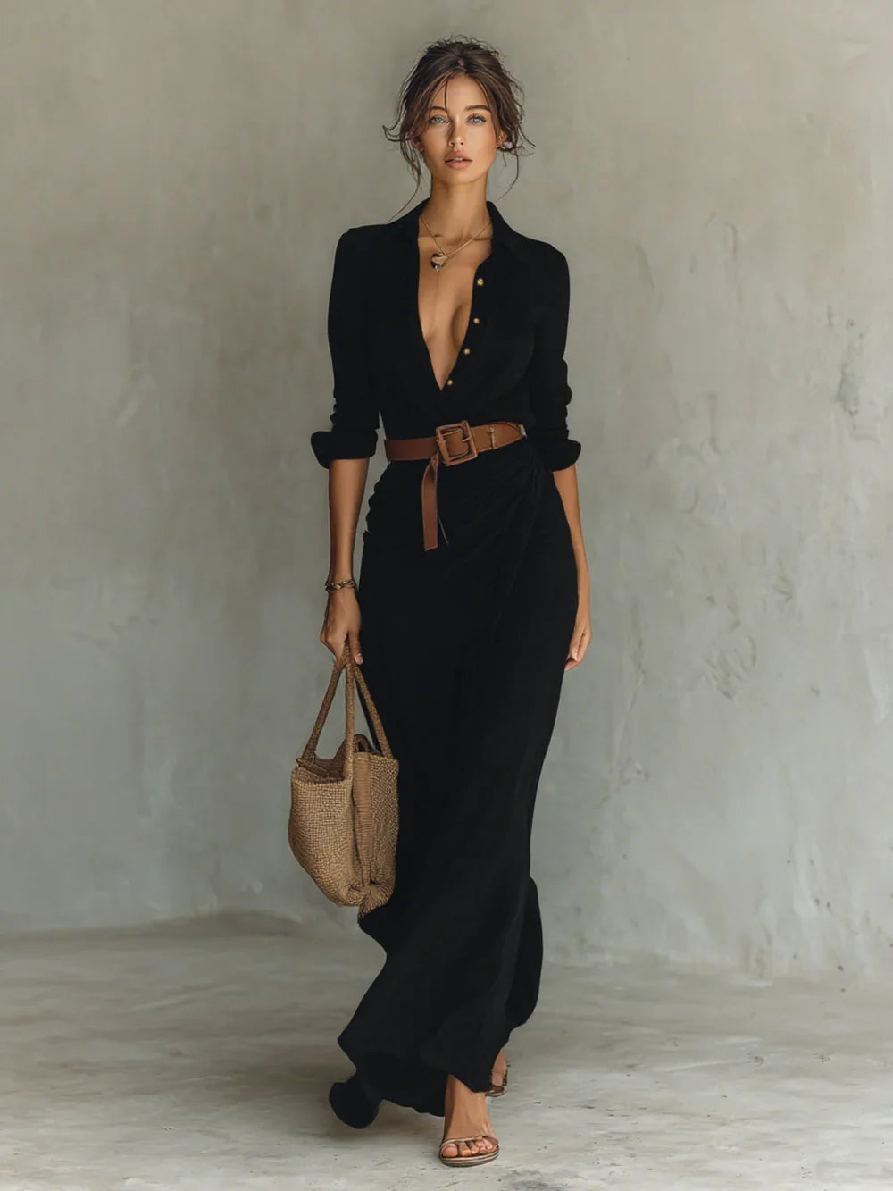 Elena | Maxi Long Dress with Lapel Collar