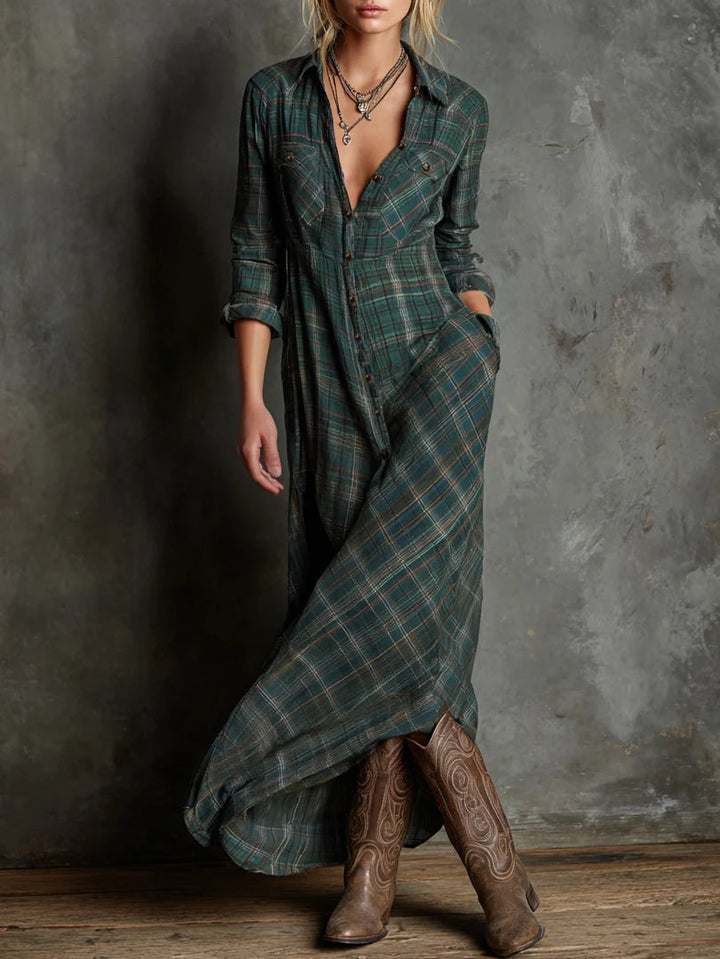 Ava | Long Dress with Green Check Revers