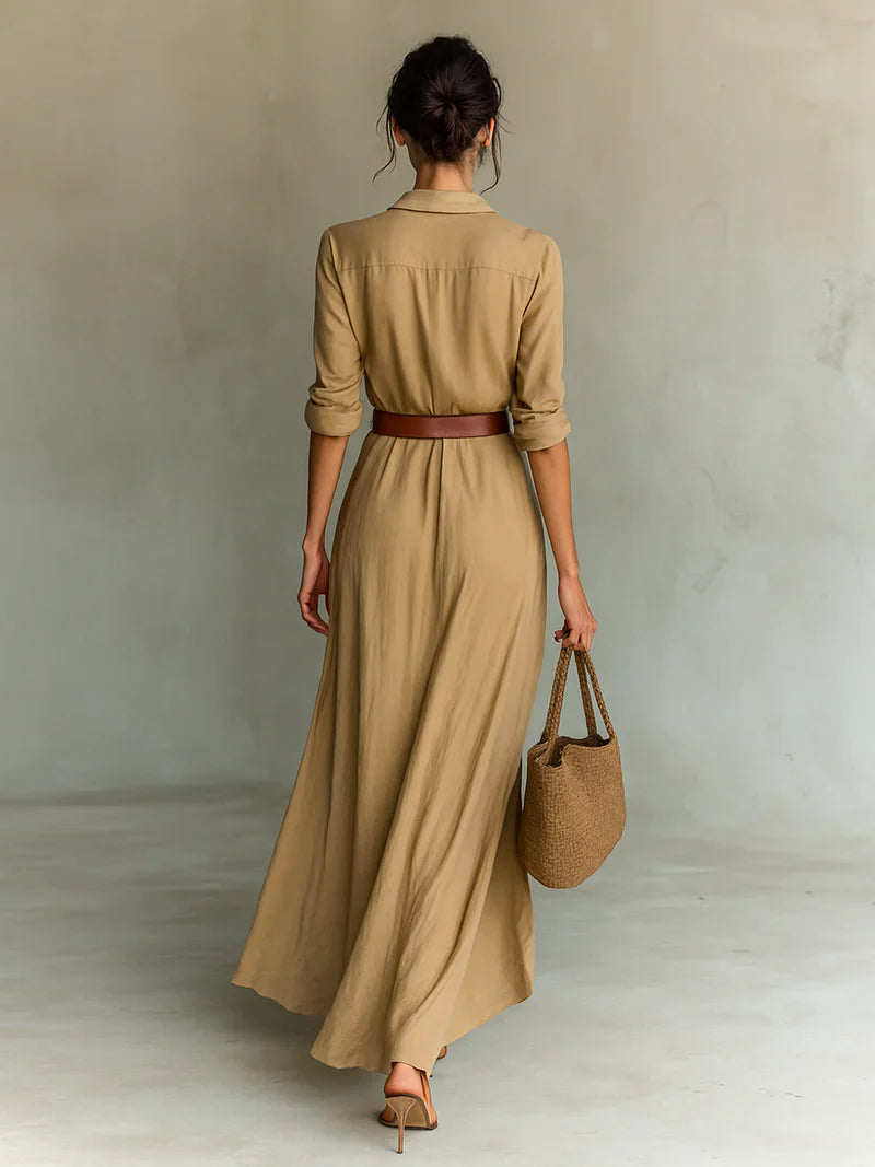 Elena | Maxi Long Dress with Lapel Collar