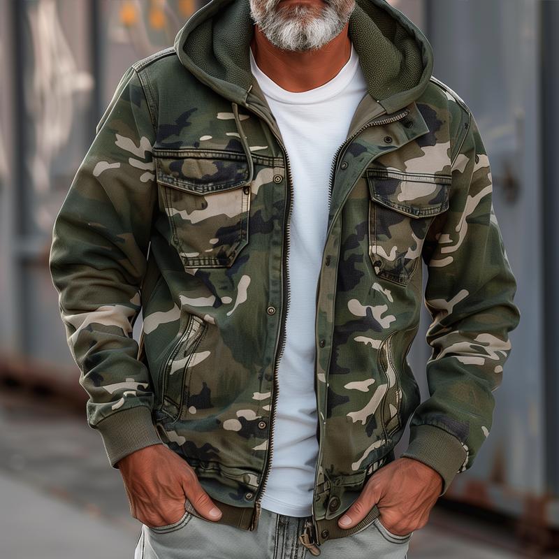 Men's Camouflage Hooded Multi-pocket Zip Cargo Jacket 69249000Z | Last day 80% off!